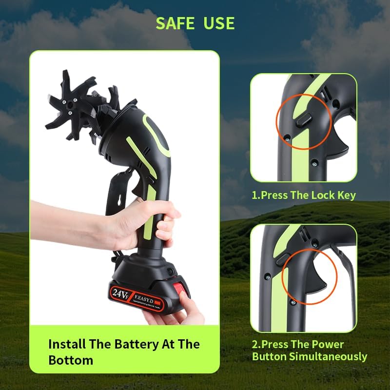 Quini 24V Cordless Tiller Cultivator, 4-Inch Tilling Width and Depth, Handheld with Extension Rod, 235 RPM Electric Garden Tiller, Lightweight 1.2kg Body, 2 × 1.5Ah Batteries & Charger (24V-Green) - Image 4